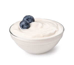 Photo of Bowl of delicious yogurt with blueberries isolated on white