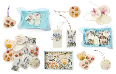 Beautiful scented sachets with dried flowers on white background, top view. Collage