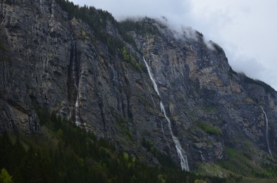 Photo of View of waterfall and green trees in mountains covered by fog