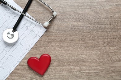 Cardiogram report, stethoscope and red decorative heart on wooden background, flat lay with space for text