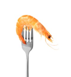 Fork with one shrimp isolated on white