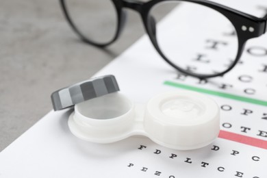 Case with contact lenses, eye chart test and glasses on table, closeup