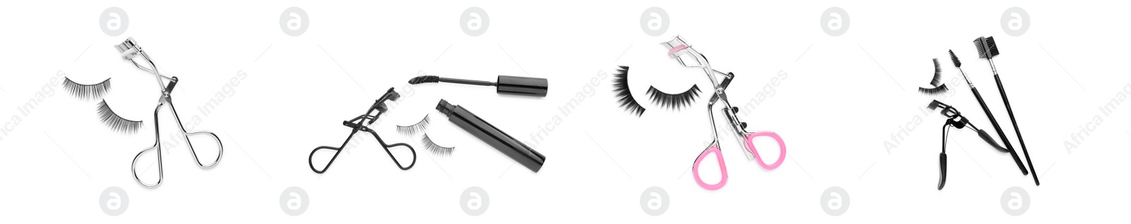 Image of Set with different eyelash curlers on white background, top view. Banner design