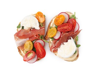 Photo of Delicious sandwiches with burrata cheese, ham, radish and tomatoes isolated on white, top view