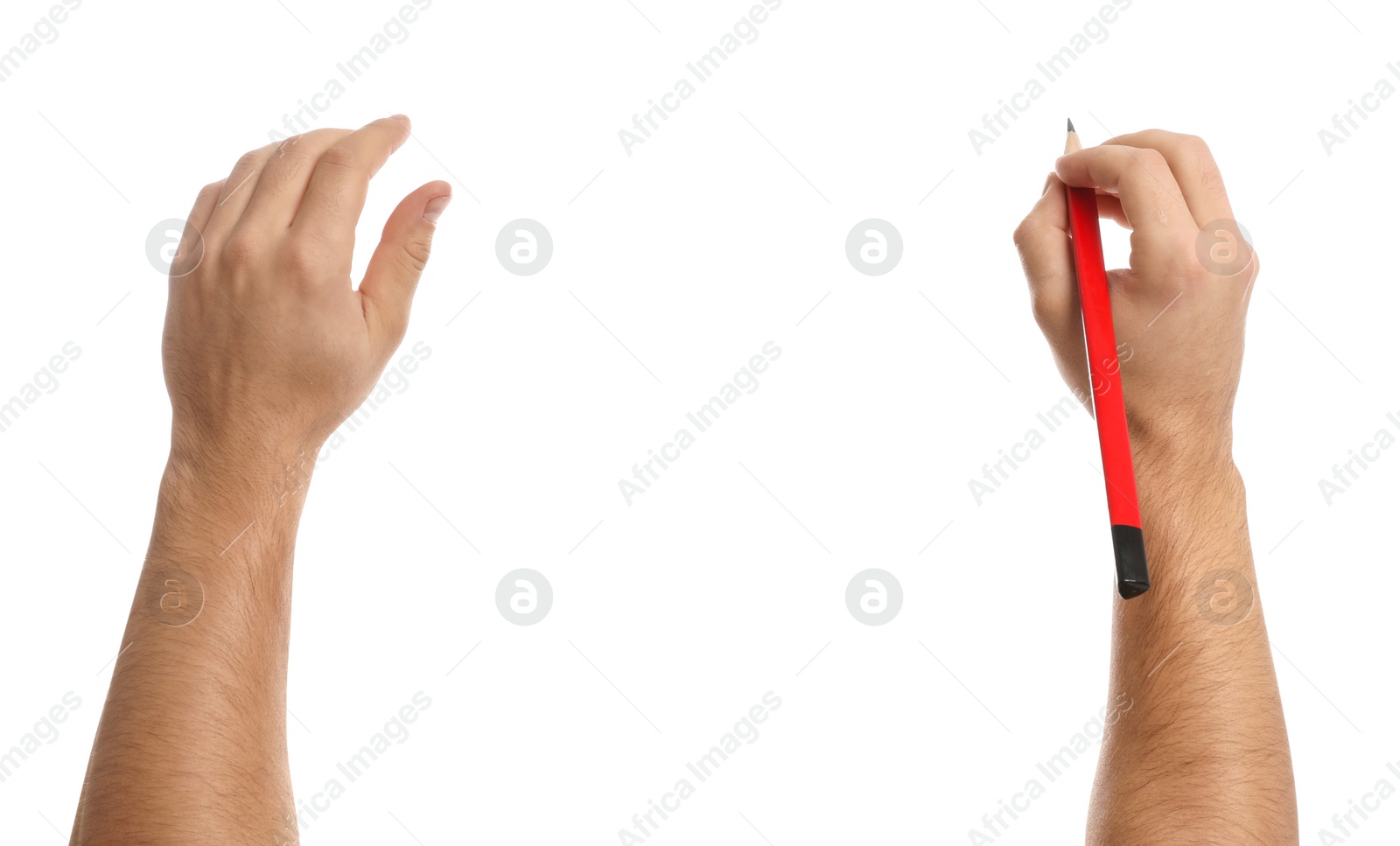 Photo of Man holding pencil on white background, closeup of hands