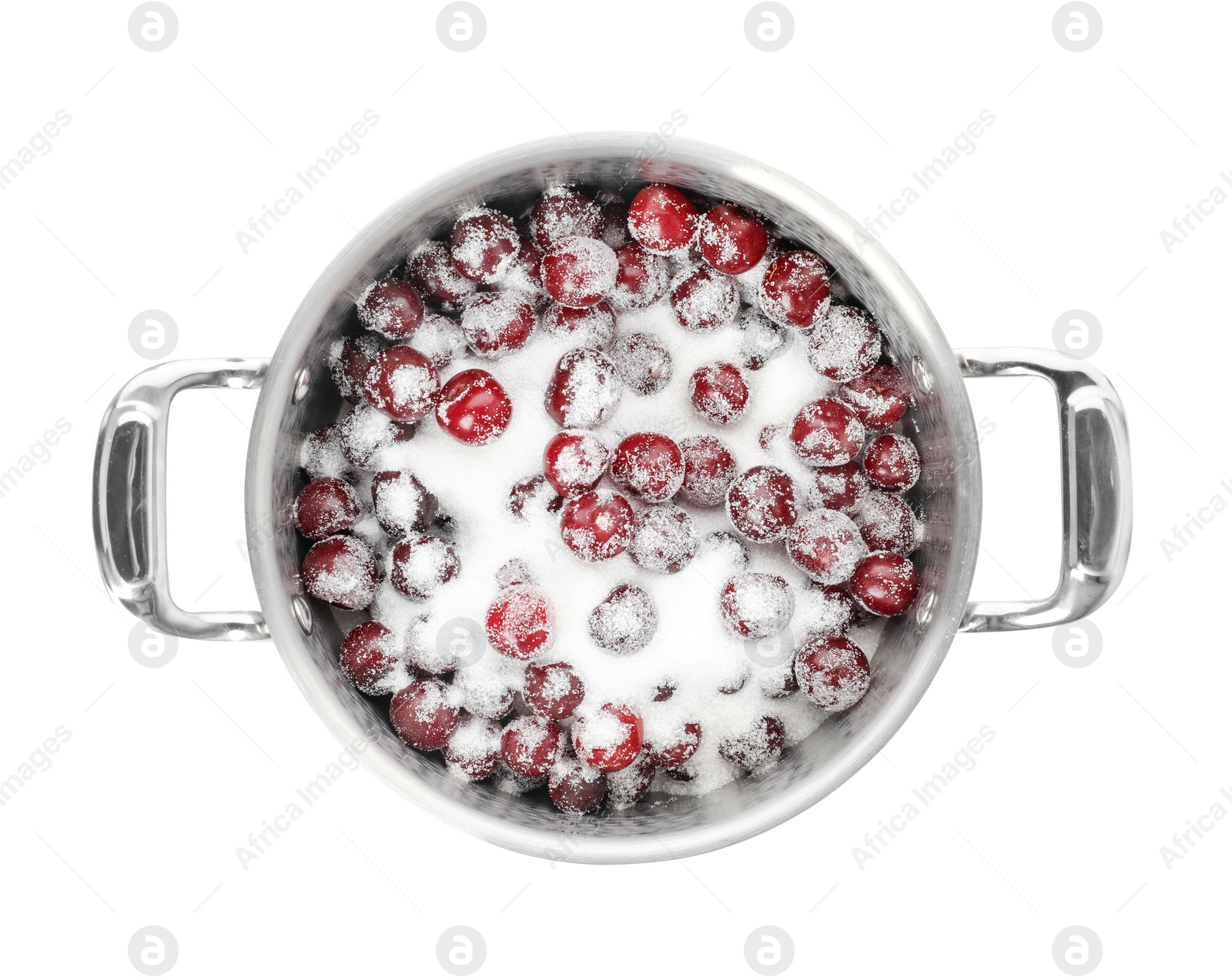 Photo of Pot with cherries and sugar on white background, top view. Making of delicious jam