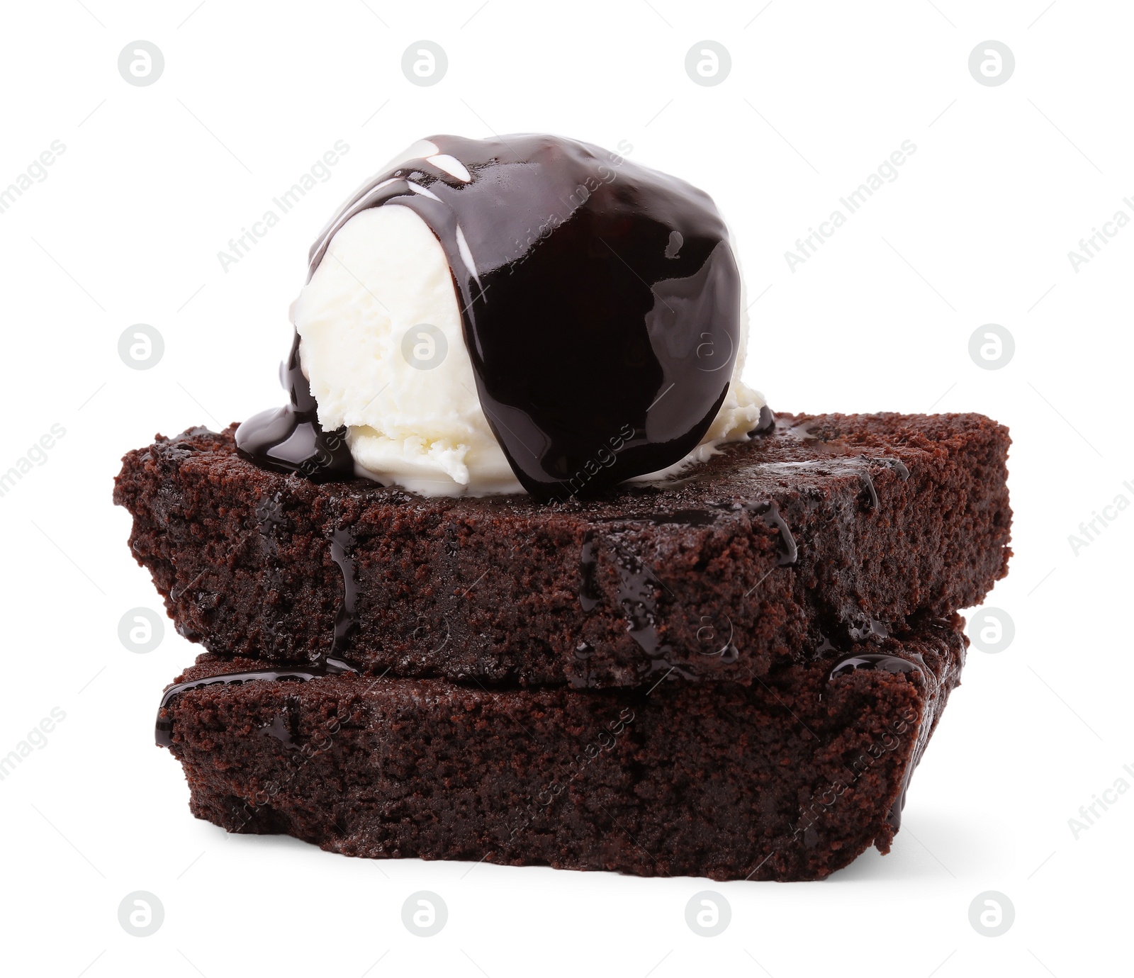 Photo of Delicious brownies with ice cream and chocolate sauce isolated on white