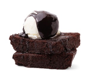 Photo of Delicious brownies with ice cream and chocolate sauce isolated on white