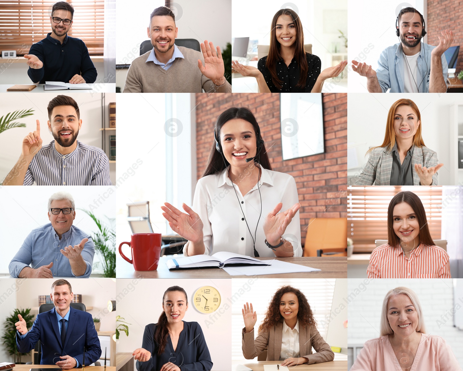 Image of Group video call, online conference. Different people, view from camera