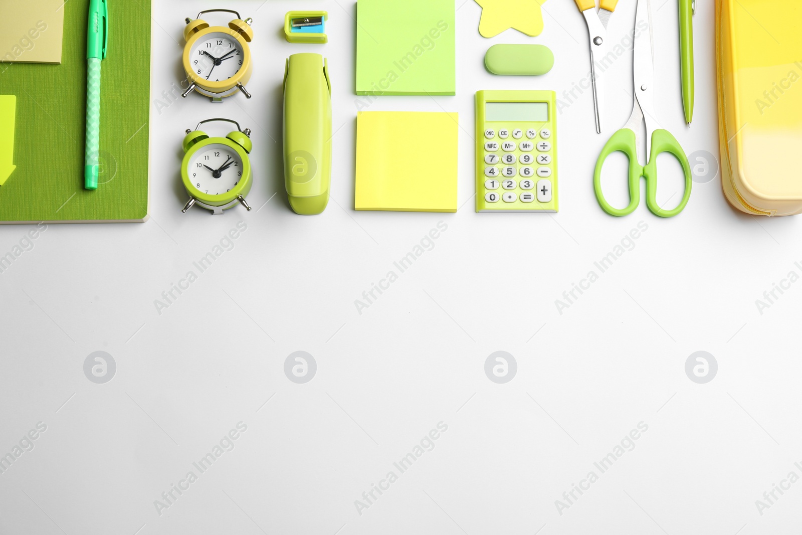 Photo of School stationery on white background, flat lay with space for text. Back to school