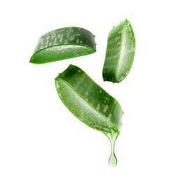 Image of Aloe vera leaf cross sections with juice in air on white background