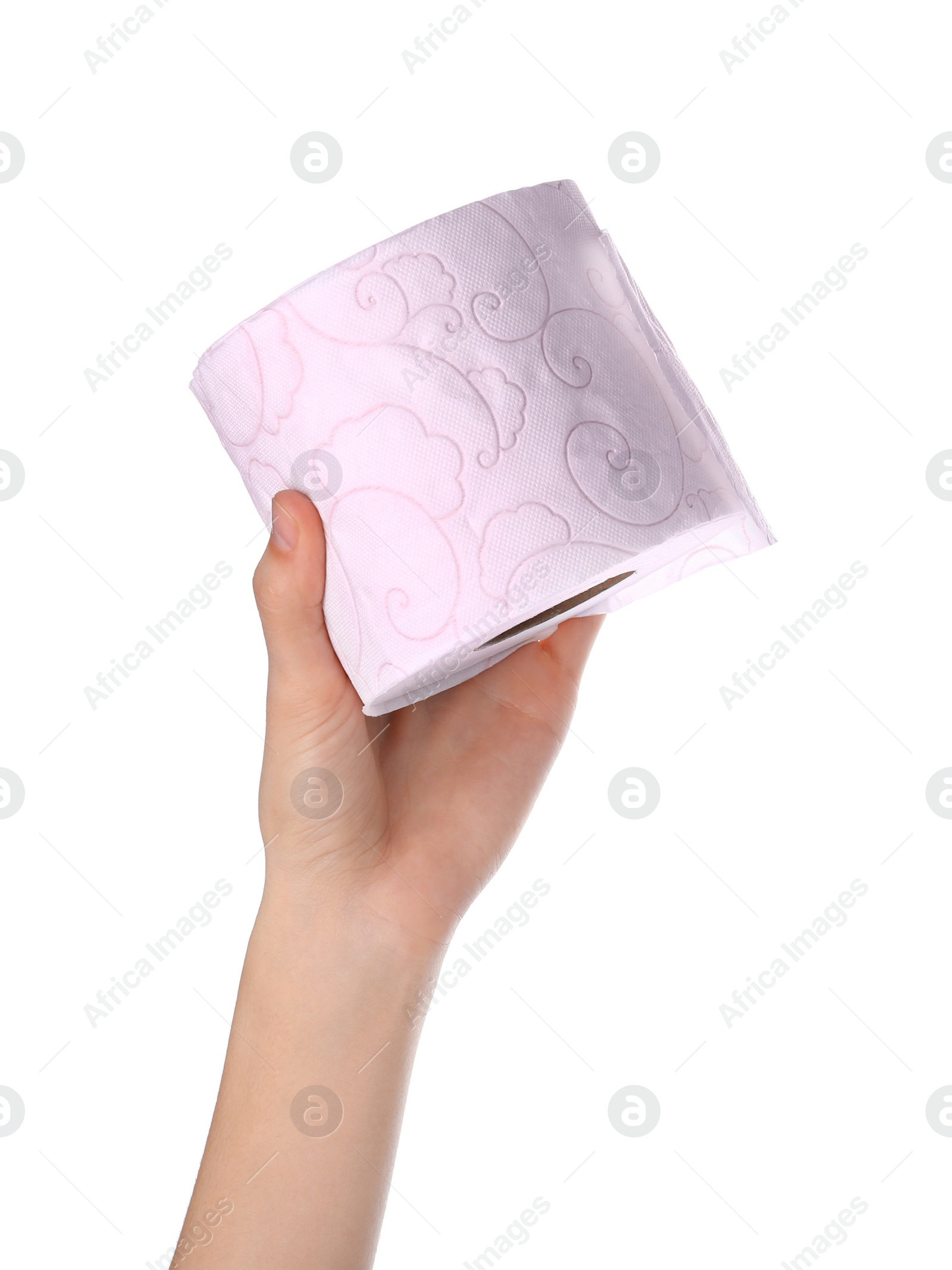 Photo of Woman holding roll of toilet paper on white background. Personal hygiene