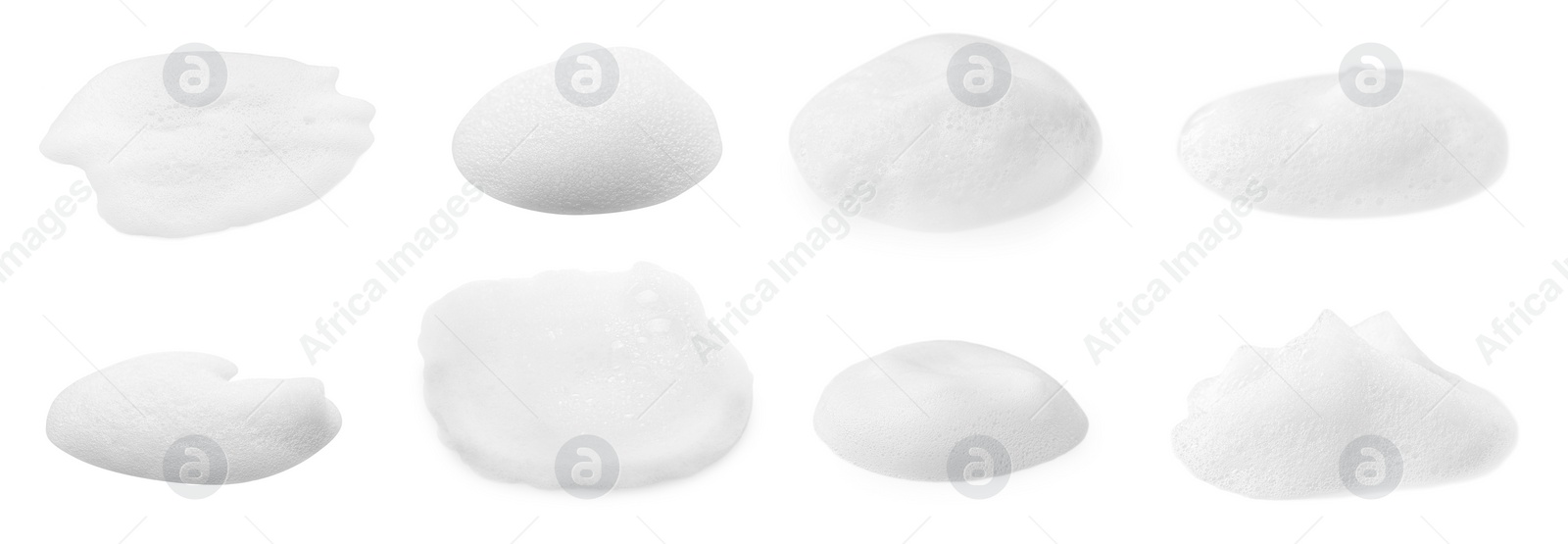 Image of Collage with foam of cosmetic cleanser isolated on white