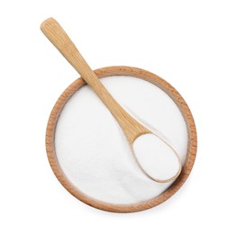 Photo of Baking soda in bowl and spoon isolated on white, top view
