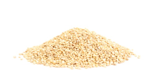 Pile of raw quinoa grains on white background