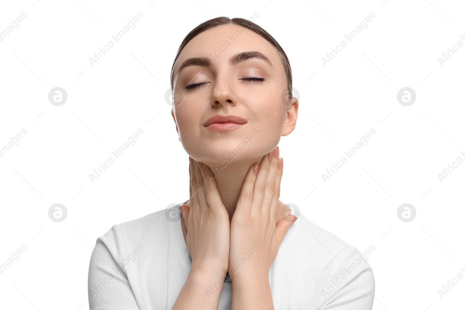 Photo of Beautiful woman touching her neck on white background