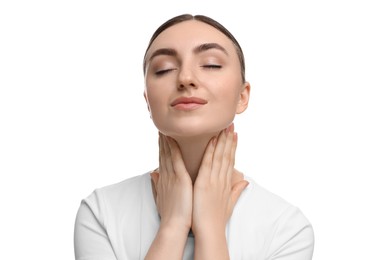 Photo of Beautiful woman touching her neck on white background