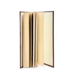 Photo of Open old hardcover book isolated on white