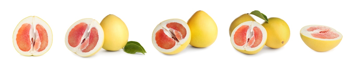 Image of Set of fresh exotic pomelo fruits on white background. Banner design