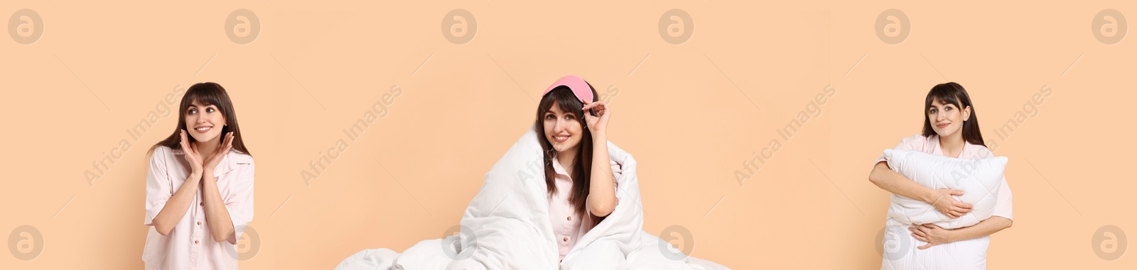 Image of Woman in pajamas on beige background, collage of photos