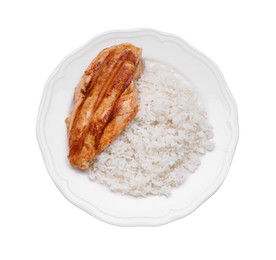 Photo of Plate with grilled chicken breast and rice isolated on white, top view