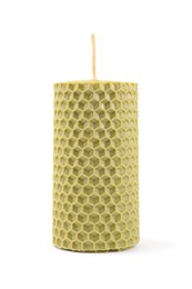 Stylish elegant beeswax candle isolated on white