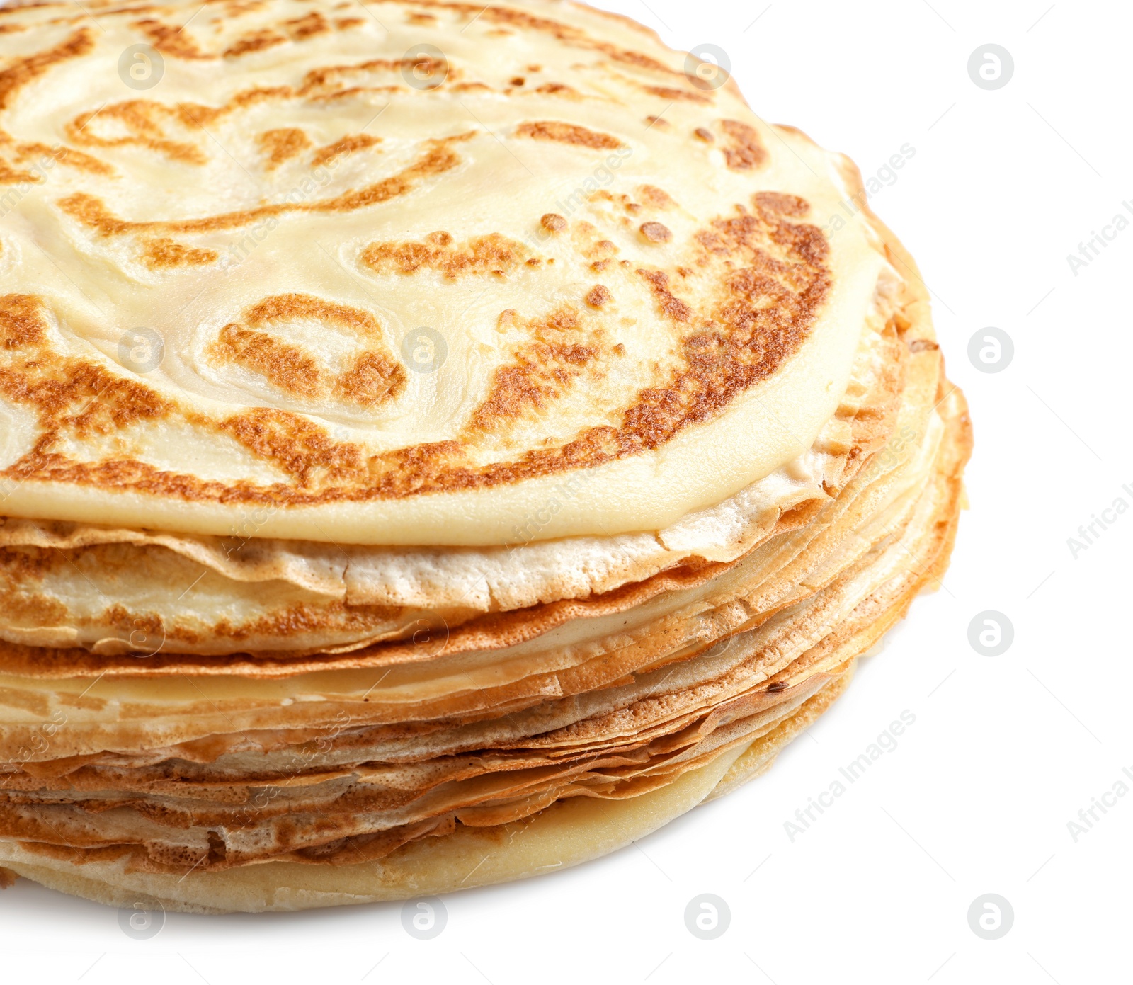 Photo of Stack of thin pancake on white background