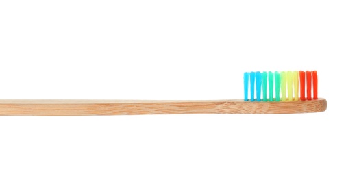 Bamboo toothbrush on white background. Dental care