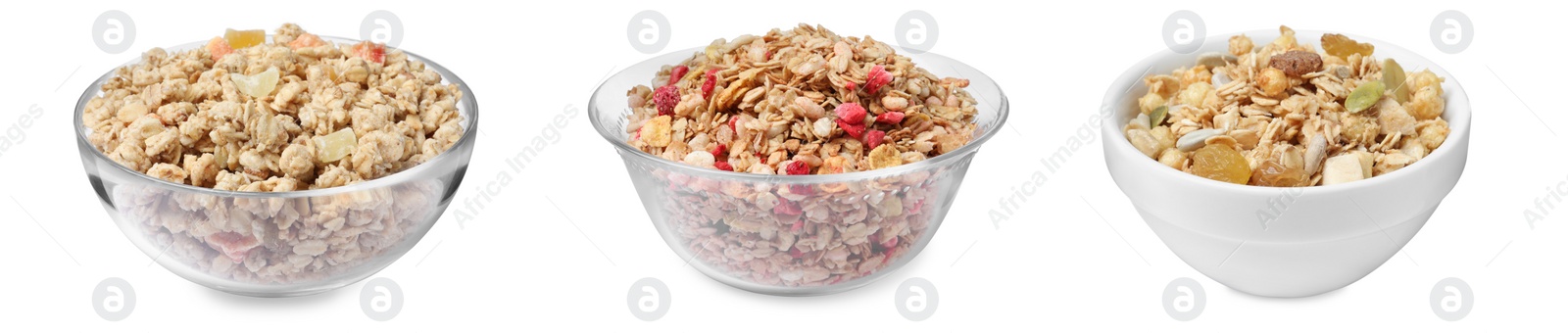 Image of Set with different delicious granola in bowls on white background. Banner design