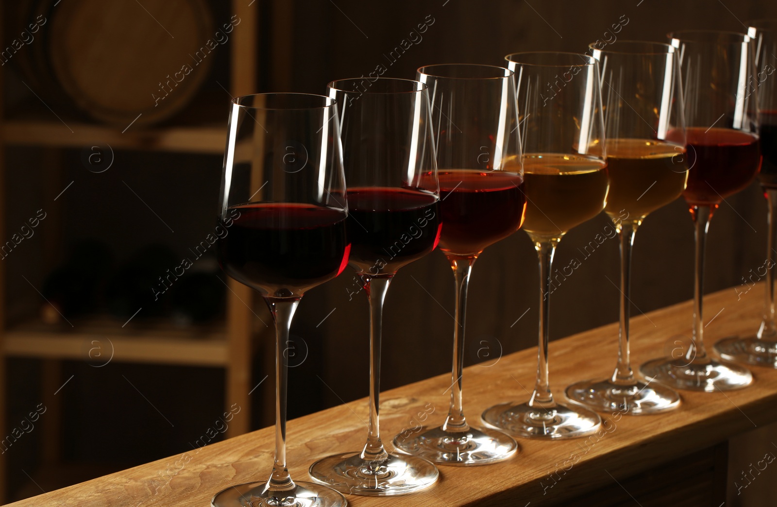 Photo of Glasses of different wines in cellar. Expensive collection