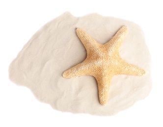 Pile of beach sand with beautiful starfish on white background, top view