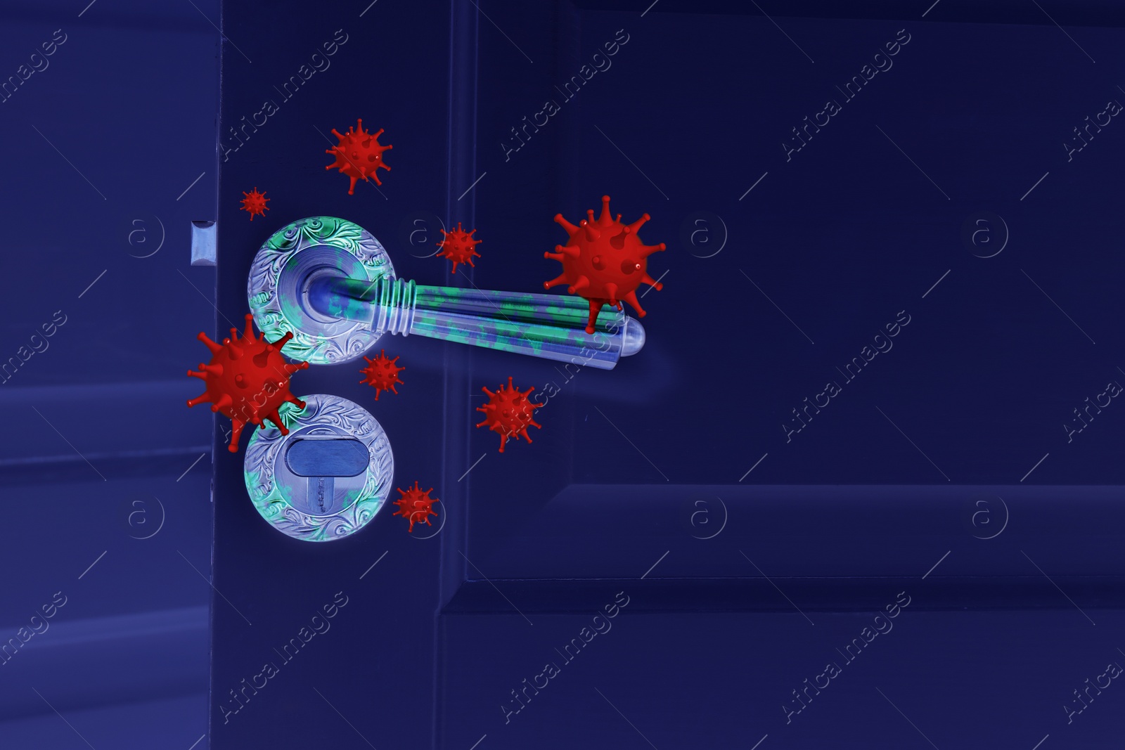 Image of Virus molecules under UV light on door handle. Avoid touching objects and surfaces in public spaces during COVID-19 pandemic