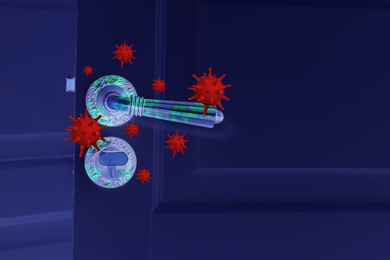 Image of Virus molecules under UV light on door handle. Avoid touching objects and surfaces in public spaces during COVID-19 pandemic