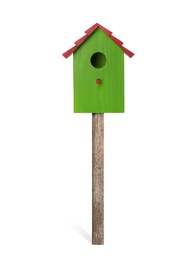 Beautiful wooden bird box isolated on white