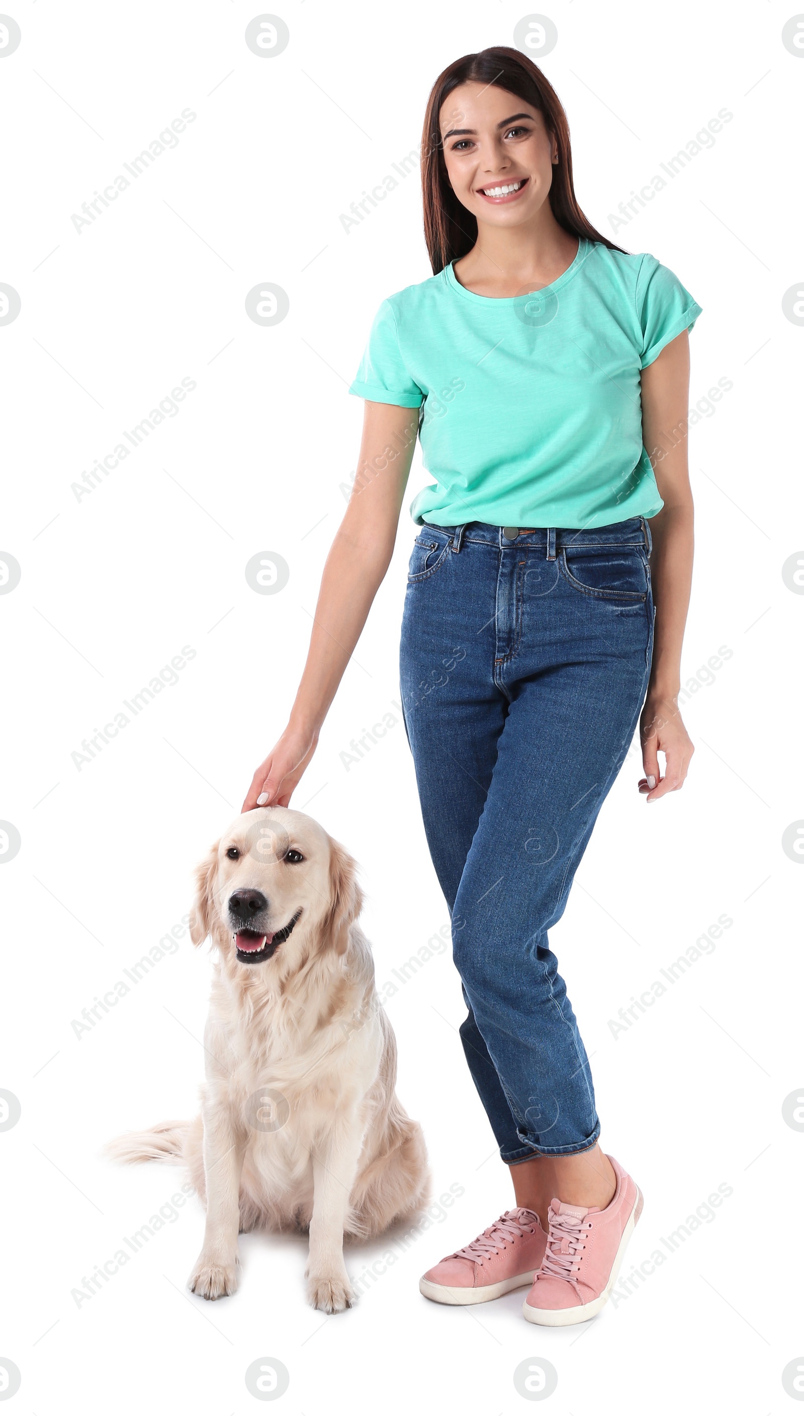 Photo of Young woman and her Golden Retriever dog on white background