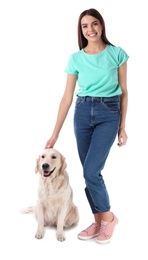 Photo of Young woman and her Golden Retriever dog on white background