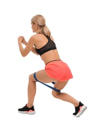 Photo of Woman exercising with elastic resistance band on white background