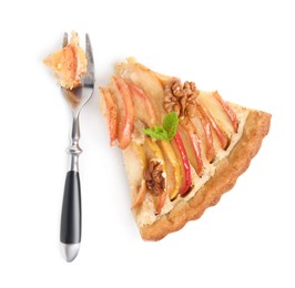 Fork with delicious apple pie on white background, top view