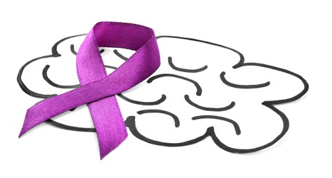 Paper brain cutout with purple ribbon on white background
