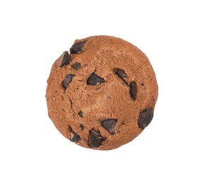 Delicious chocolate chip cookie on white background, top view