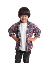 Photo of Portrait of cute little boy on white background