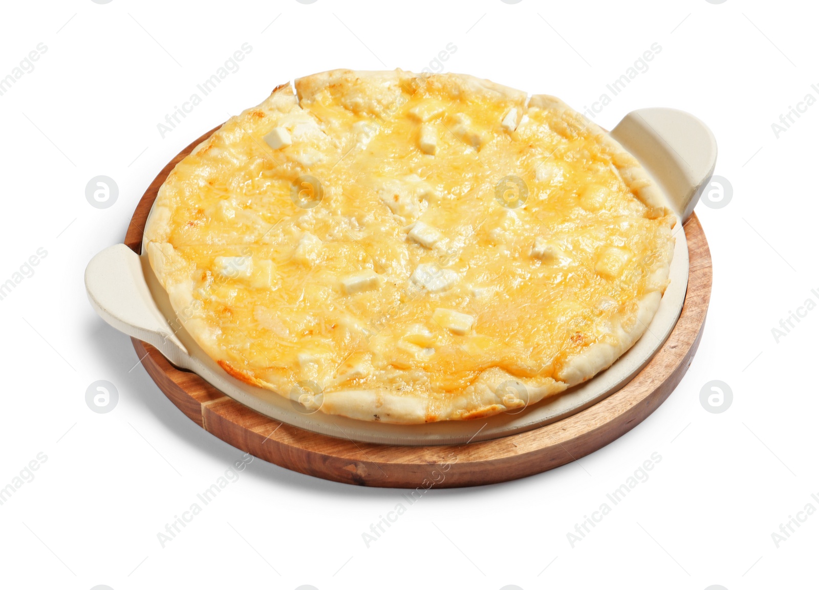 Photo of Fresh tasty homemade pizza on white background