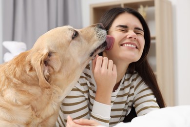 Happy woman with cute Labrador Retriever on bed at home