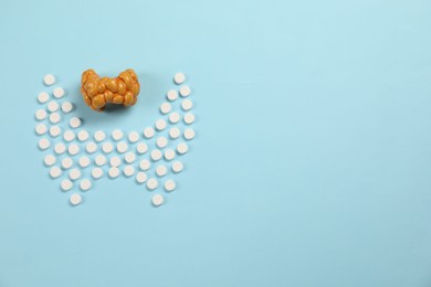 Photo of Endocrinology, Pills and model of thyroid gland on light blue background, flat lay. Space for text