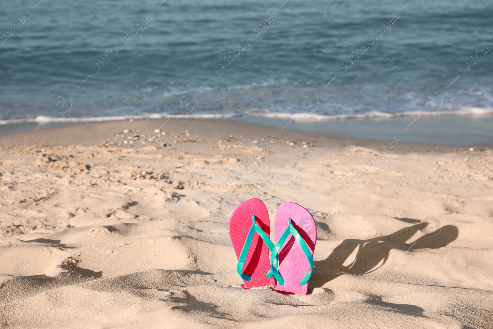 Photo of Stylish flip flops in sand on beach. Space for text