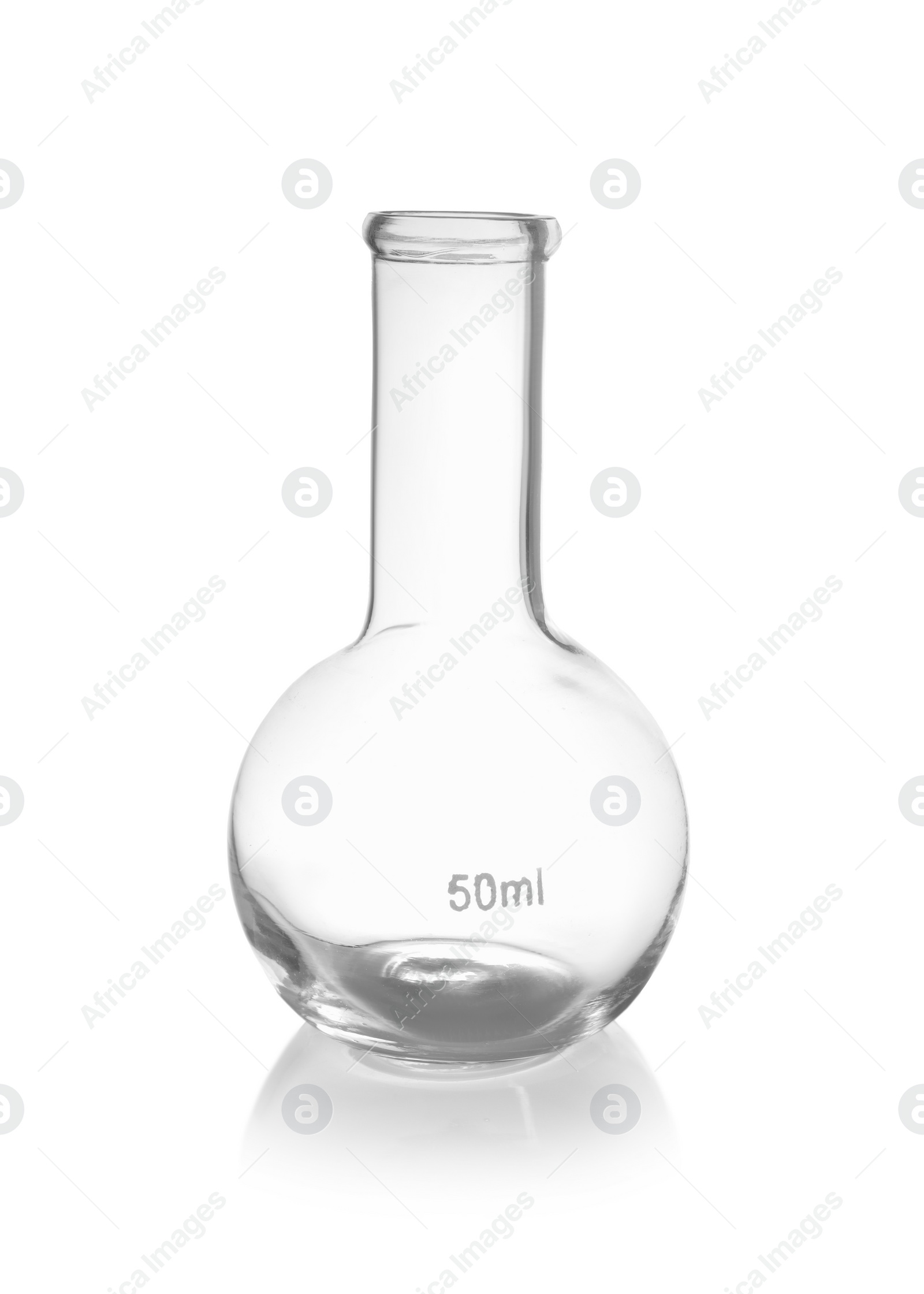 Photo of One empty laboratory flask isolated on white