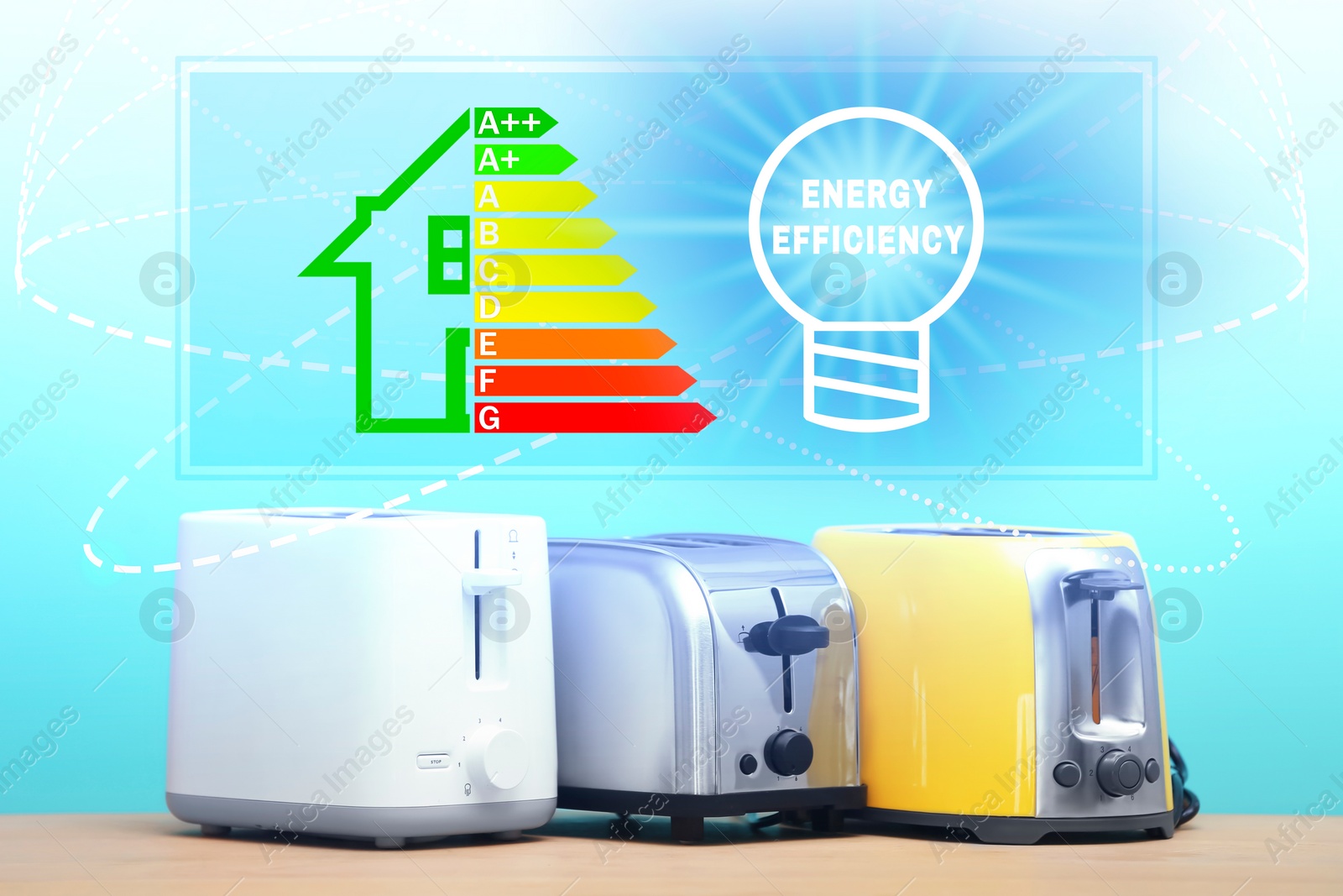 Image of Energy efficiency rating label and illustration of light bulb over different toasters on light blue background