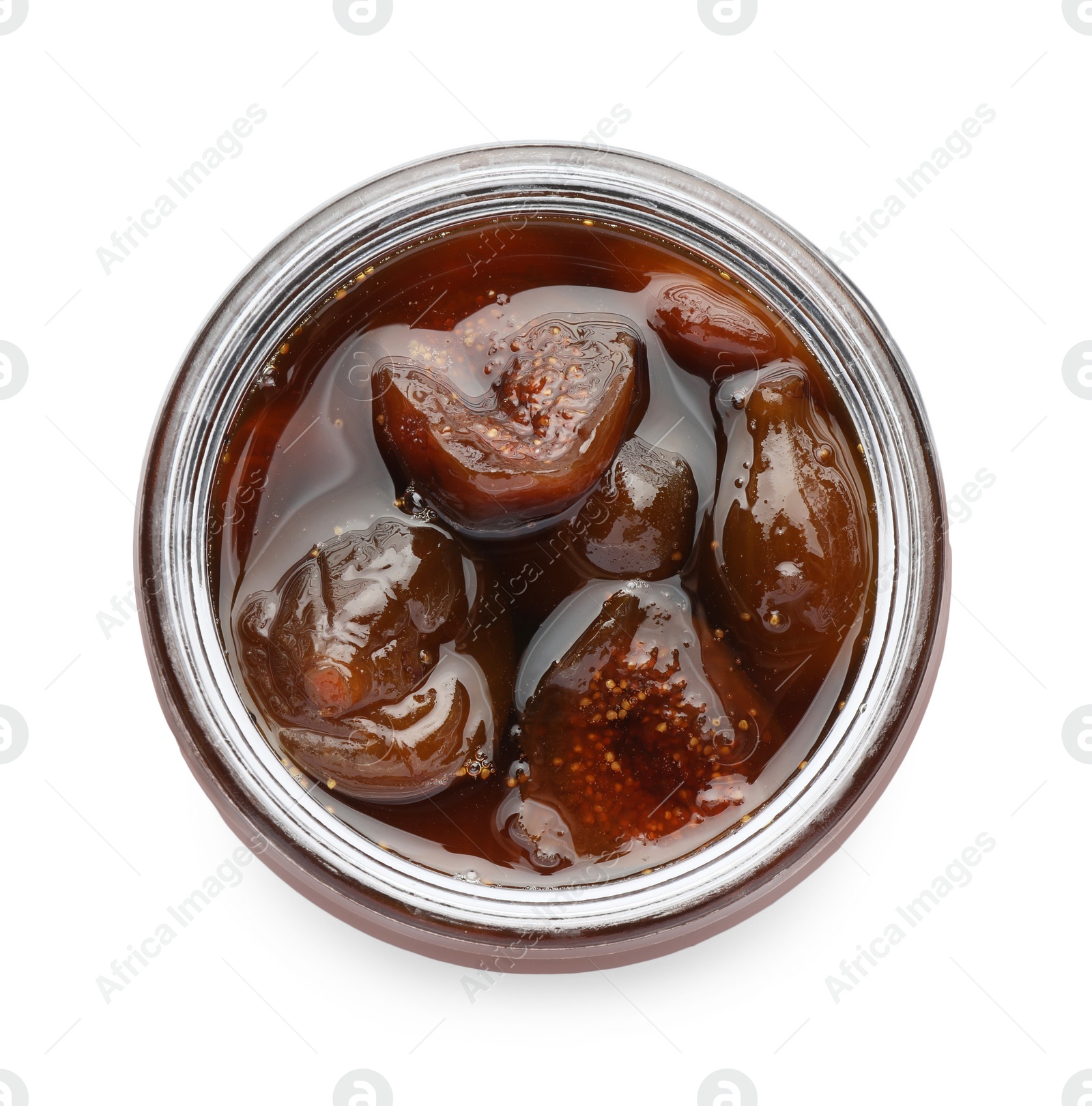 Photo of Jar of tasty sweet fig jam isolated on white