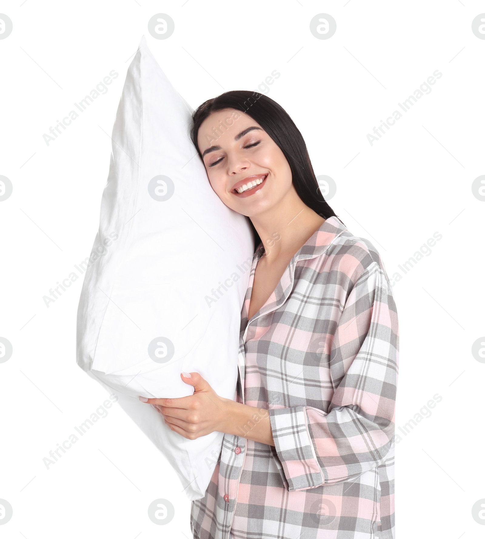 Photo of Young woman with pillow on white background