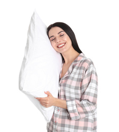 Photo of Young woman with pillow on white background